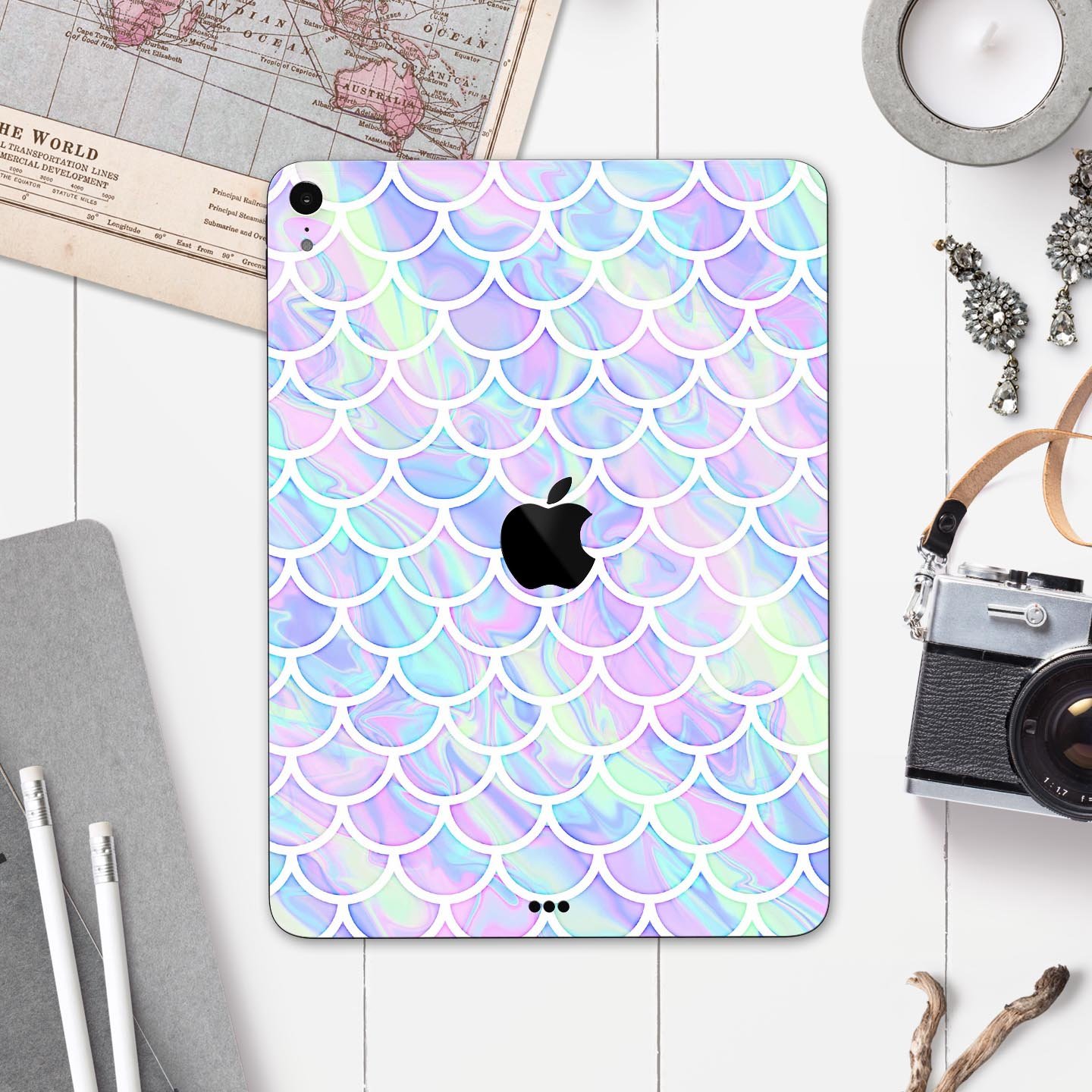 Iridescent Dahlia v8 full body skin decal for Apple iPad Pro, showcasing vibrant colors and a sleek design.