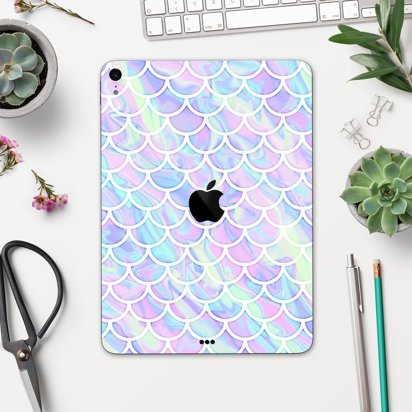 Iridescent Dahlia v8 full body skin decal for Apple iPad Pro, showcasing vibrant colors and a sleek design.