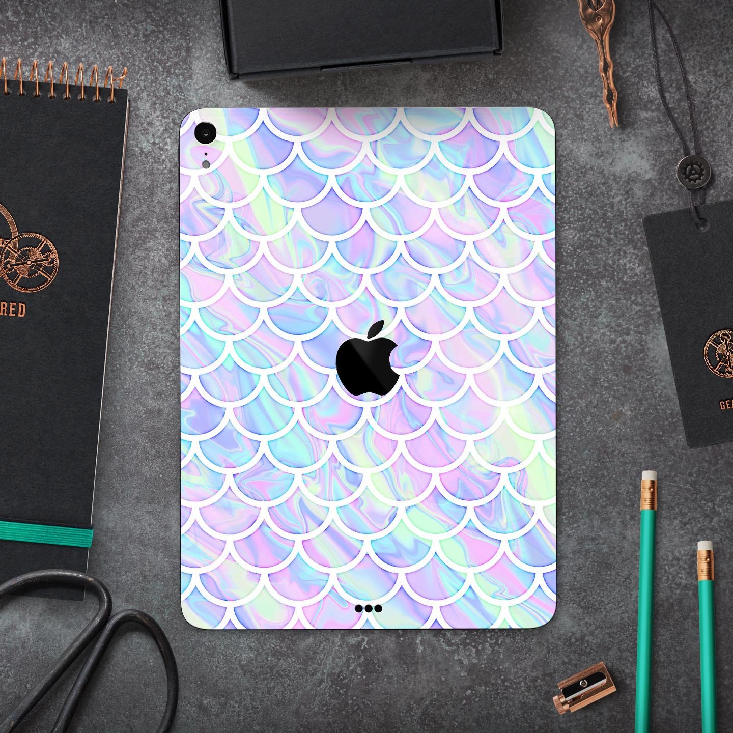 Iridescent Dahlia v8 full body skin decal for Apple iPad Pro, showcasing vibrant colors and a sleek design.