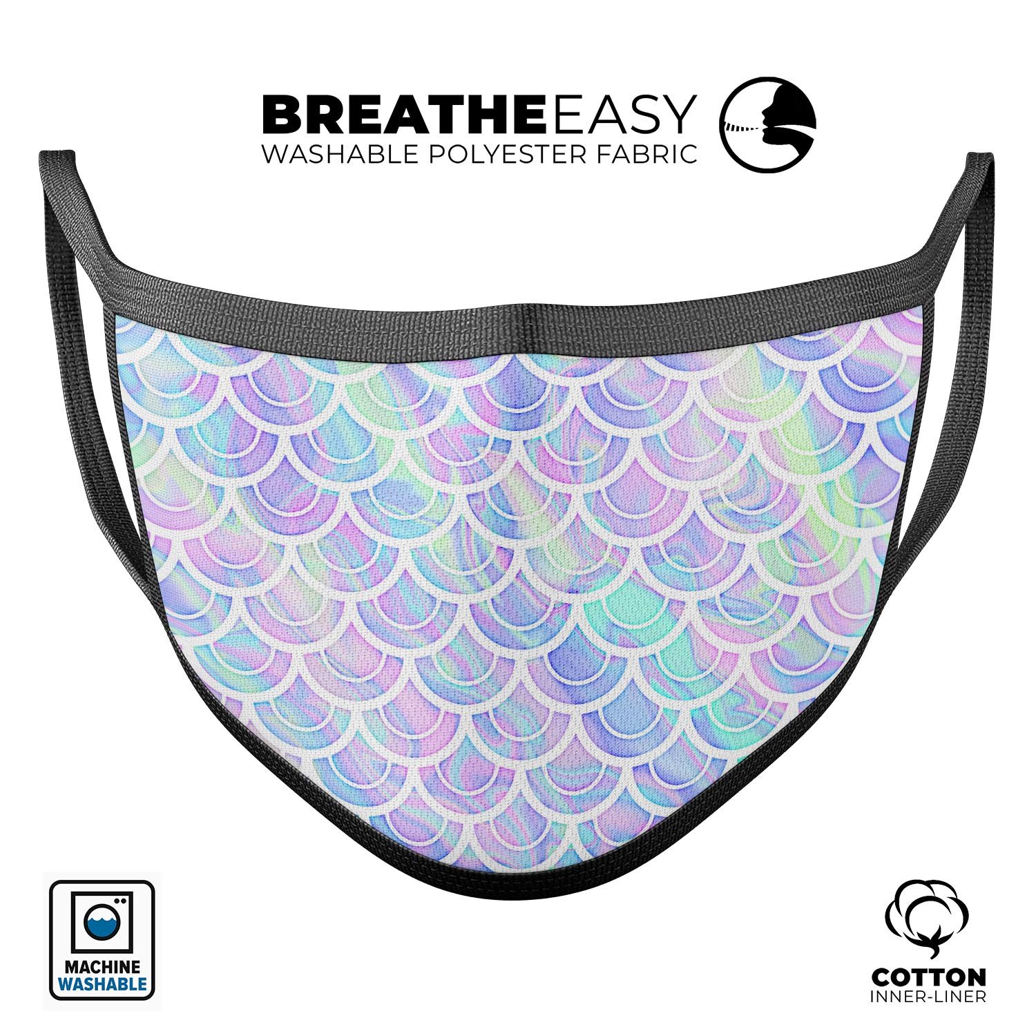 Iridescent Dahlia v9 mouth cover, showcasing vibrant colors and adjustable ear loops, made from soft cotton for comfort.