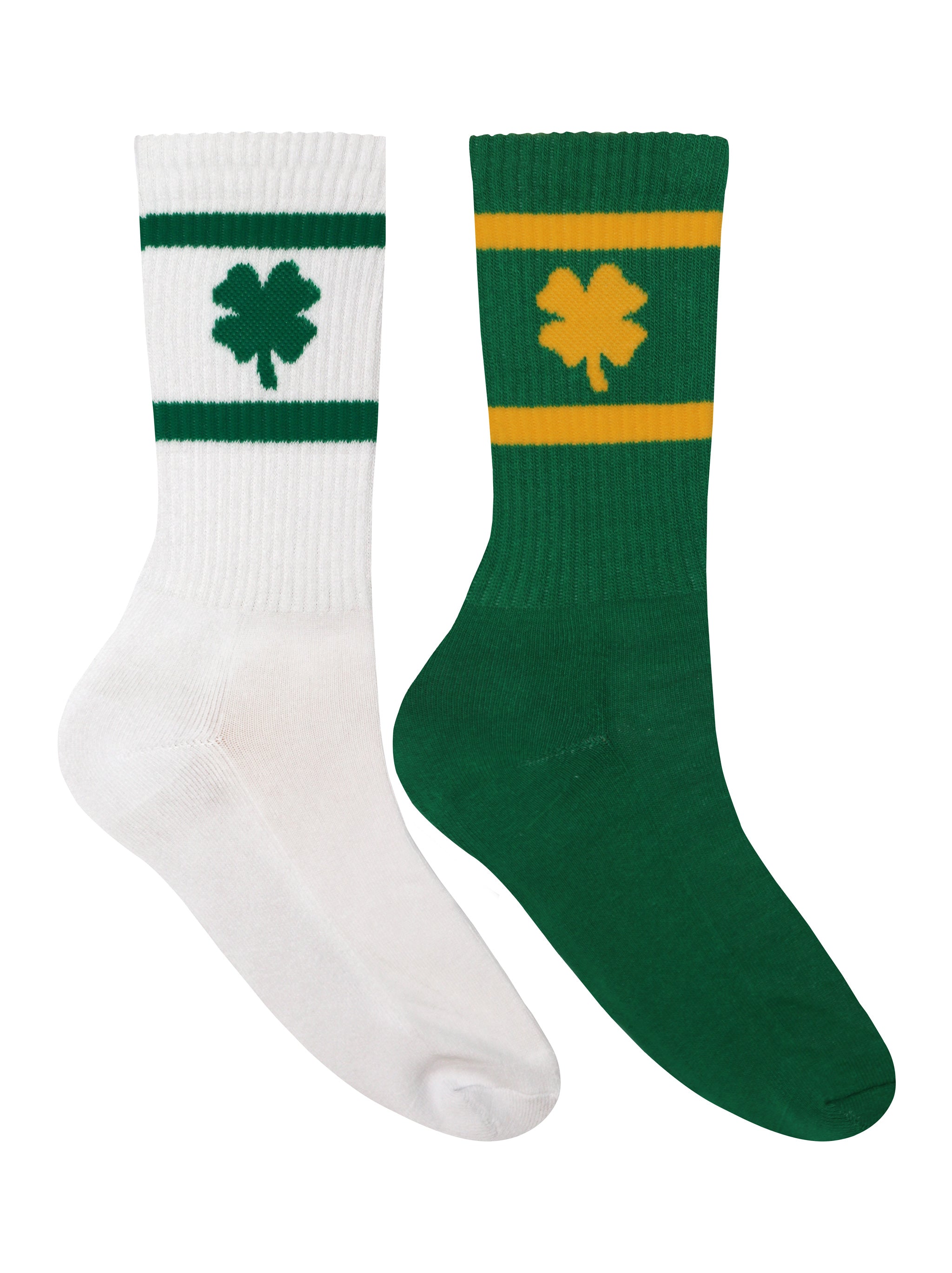 Irish Clover Crew Socks featuring a gold 4-leaf clover on kelly green fabric with gold stripes at the top.