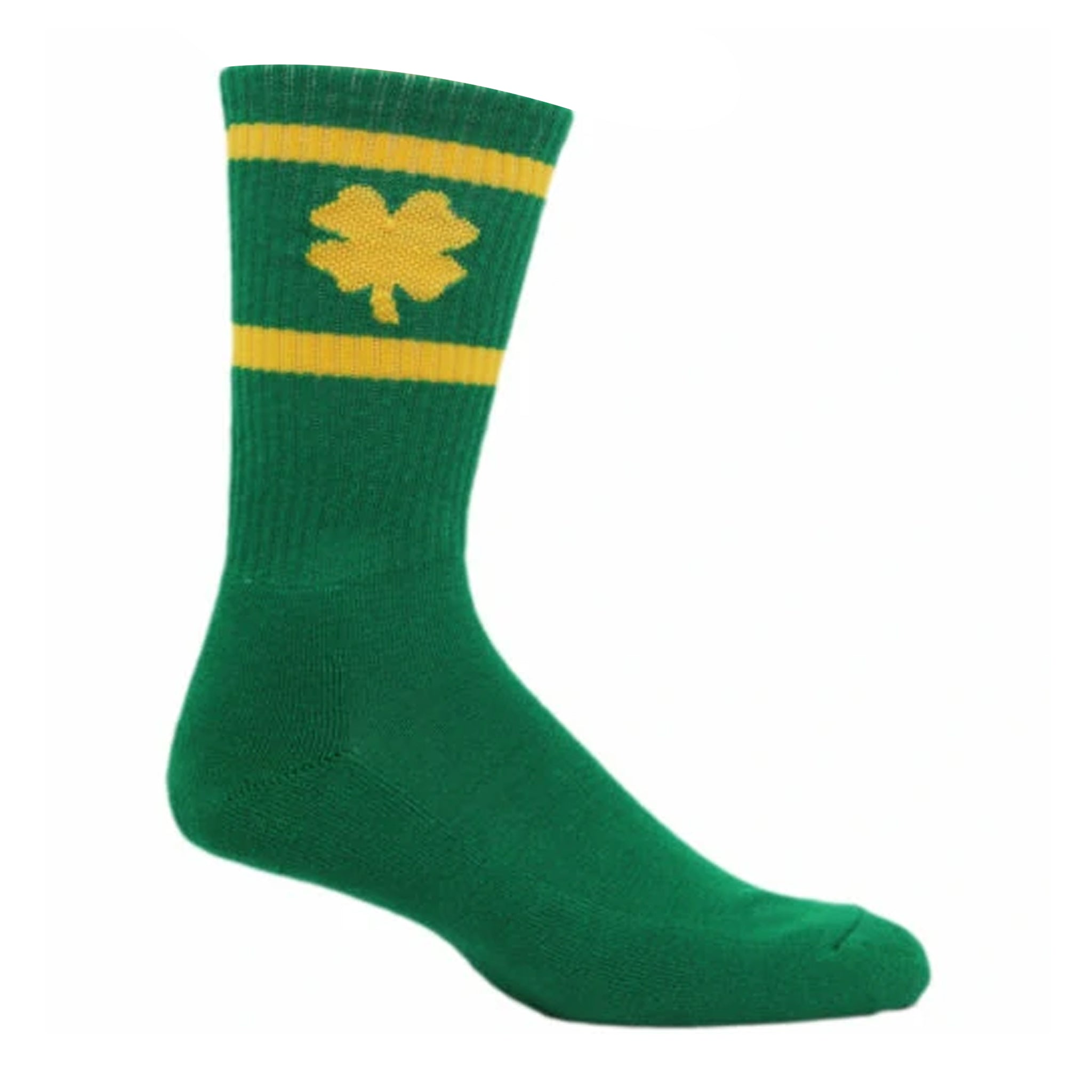 Irish Clover Crew Socks featuring a gold 4-leaf clover on kelly green fabric with gold stripes at the top.