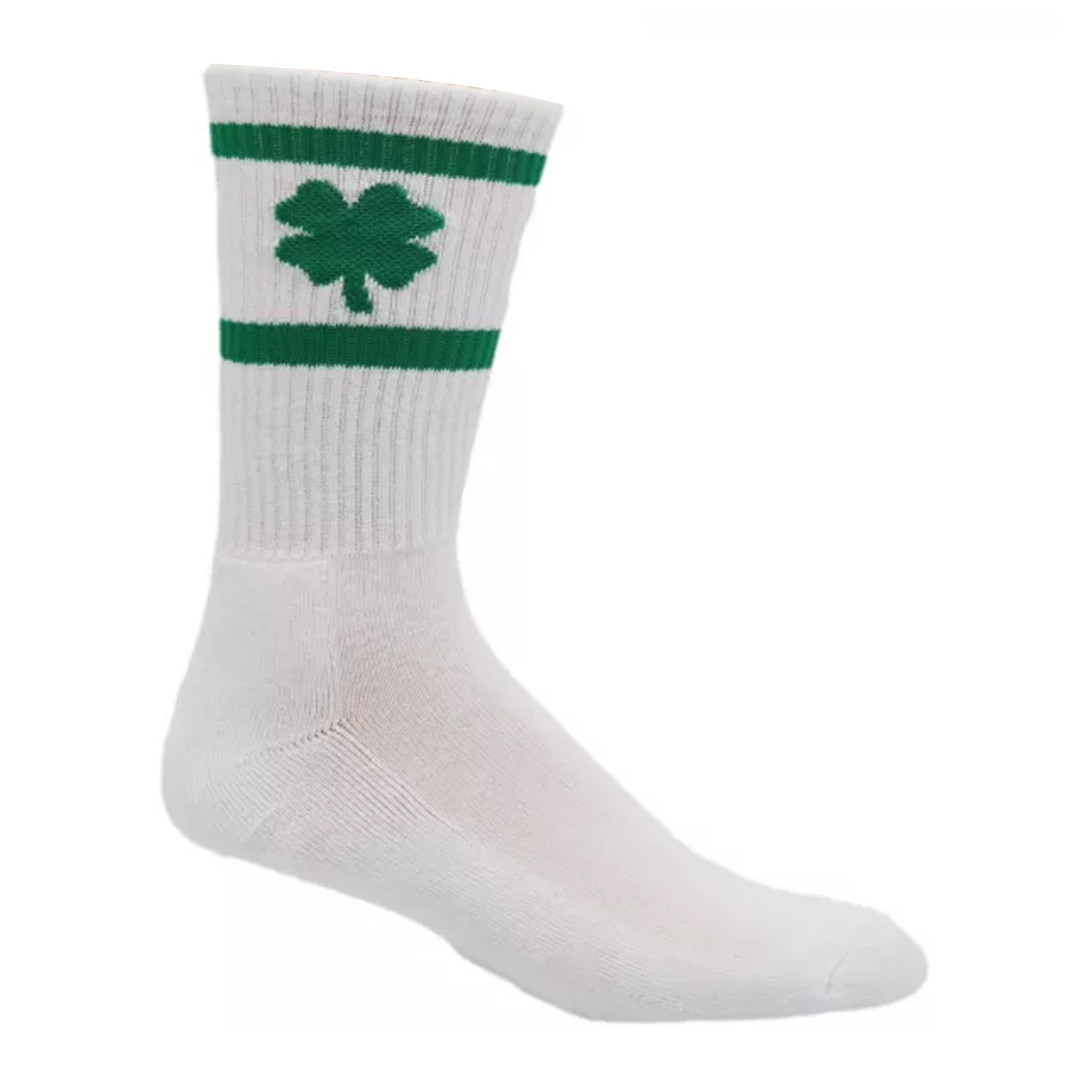 Irish Clover Crew Socks featuring a gold 4-leaf clover on kelly green fabric with gold stripes at the top.