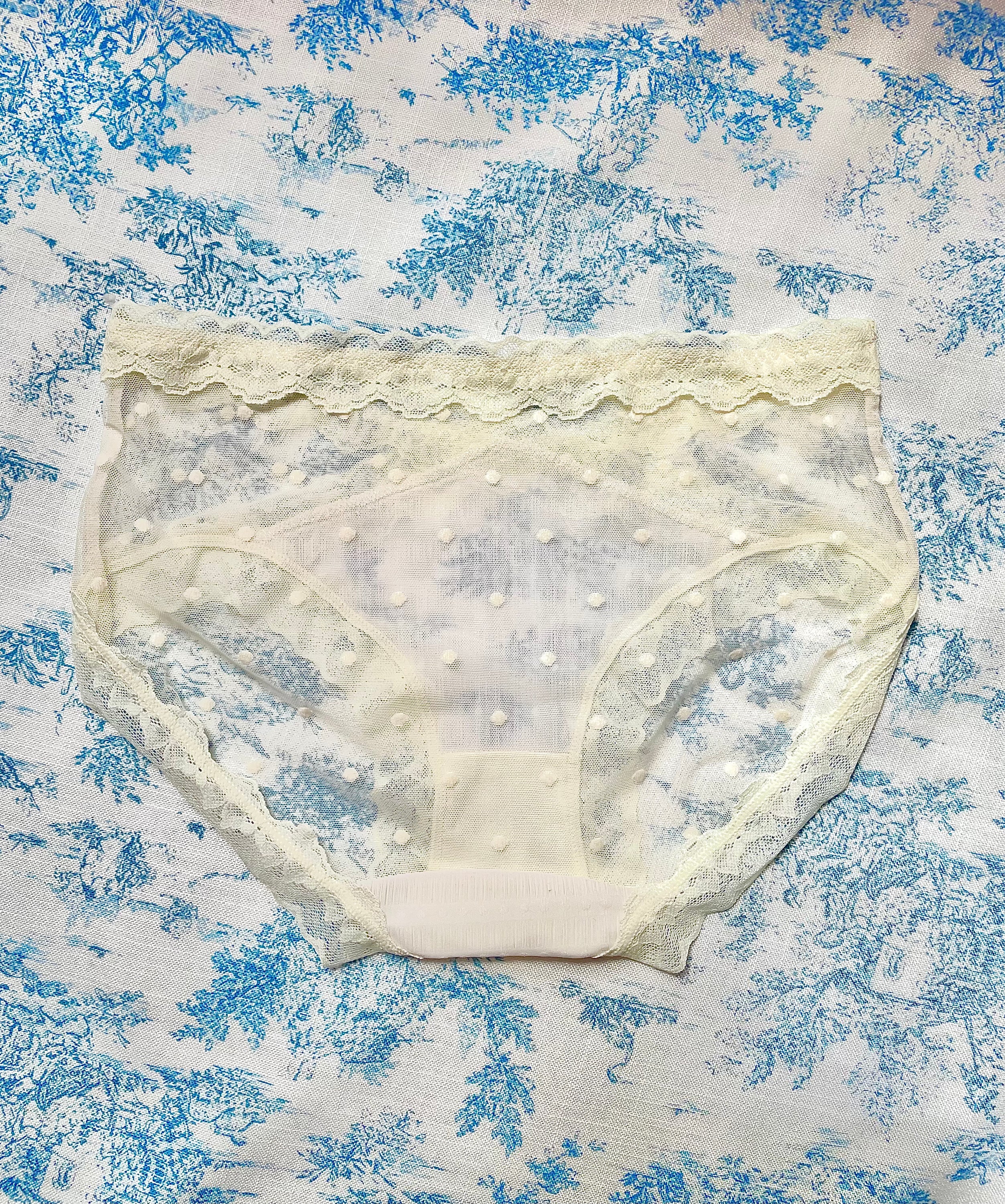 Ivory Mesh Lace Trim Panty featuring soft mesh, intricate lace trim, and playful polka dot detailing.