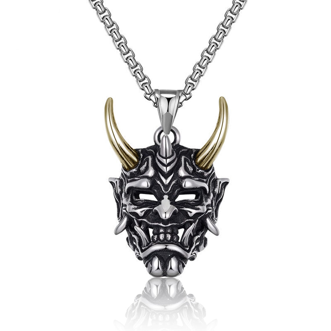 Japanese Ghost Skull Mask Necklace in gold and silver, featuring intricate skull design and alloy material.