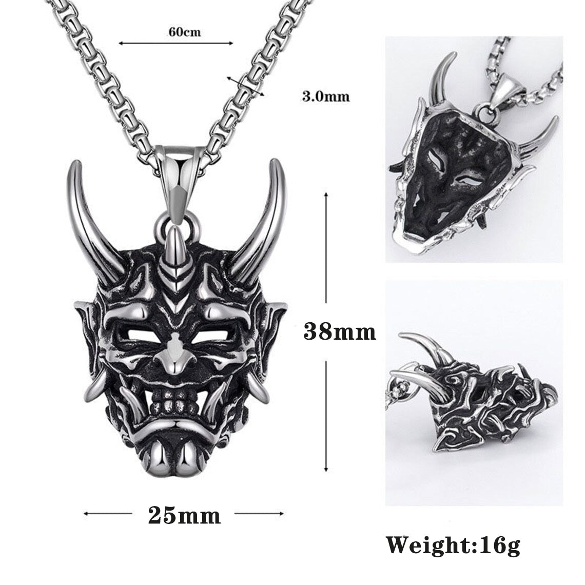 Japanese Ghost Skull Mask Necklace in gold and silver, featuring intricate skull design and alloy material.