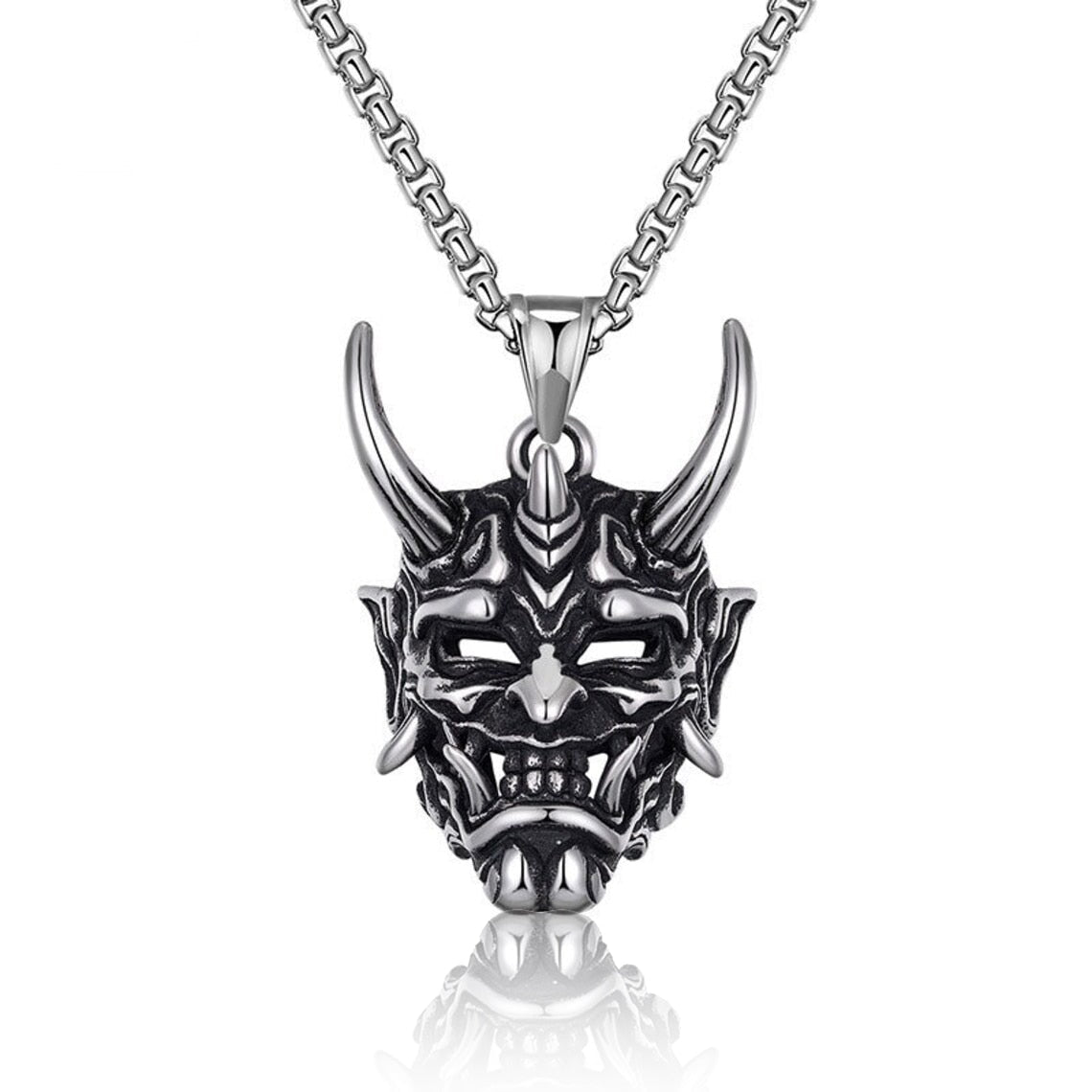 Japanese Ghost Skull Mask Necklace in gold and silver, featuring intricate skull design and alloy material.