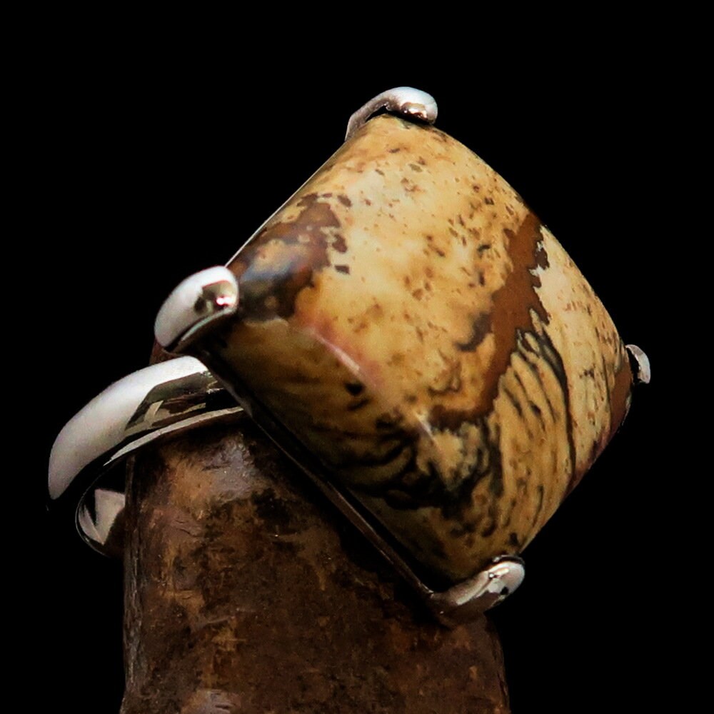 Handmade sterling silver Jasper Ring featuring an oval Picture Jasper stone with unique earthy patterns.