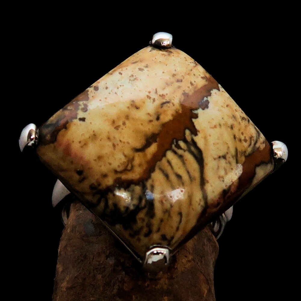 Handmade sterling silver Jasper Ring featuring an oval Picture Jasper stone with unique earthy patterns.