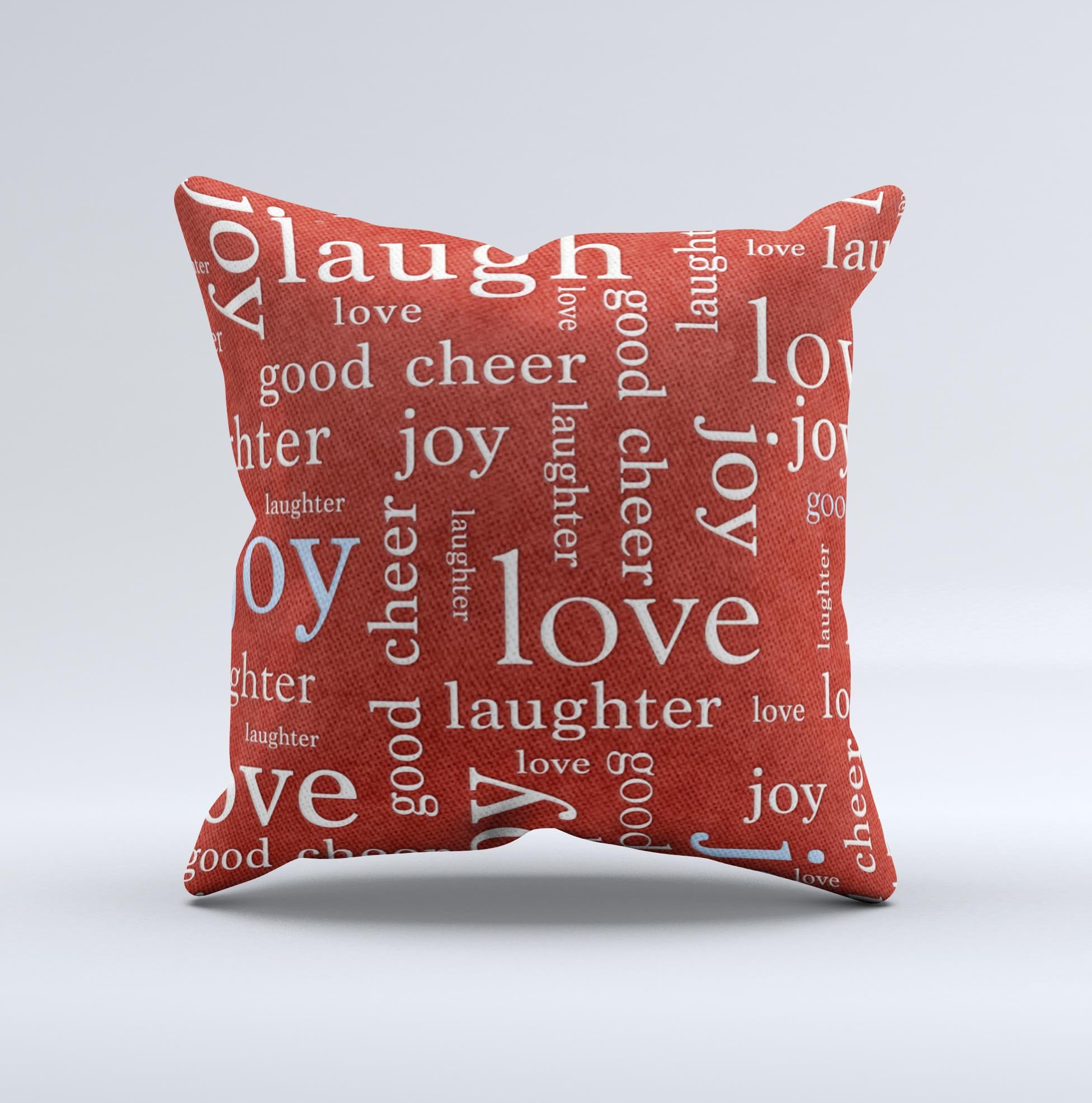 Joy & Love WordCloud decorative throw pillow with vibrant colors and unique design, handmade in Virginia.