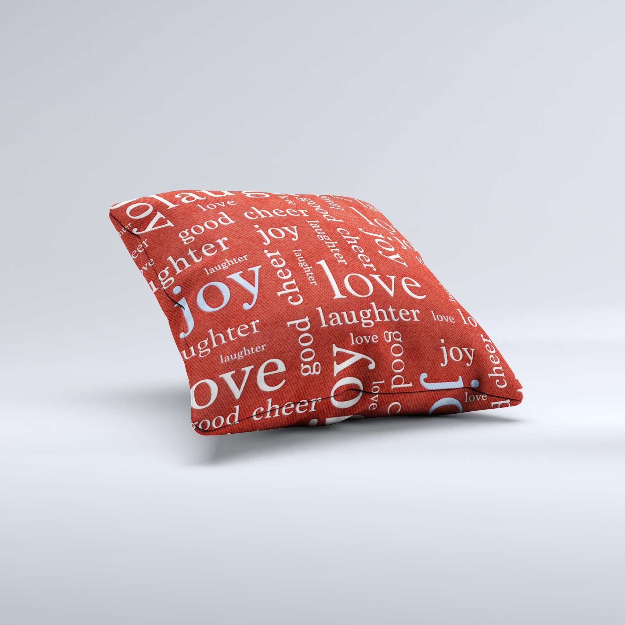 Joy & Love WordCloud decorative throw pillow with vibrant colors and unique design, handmade in Virginia.