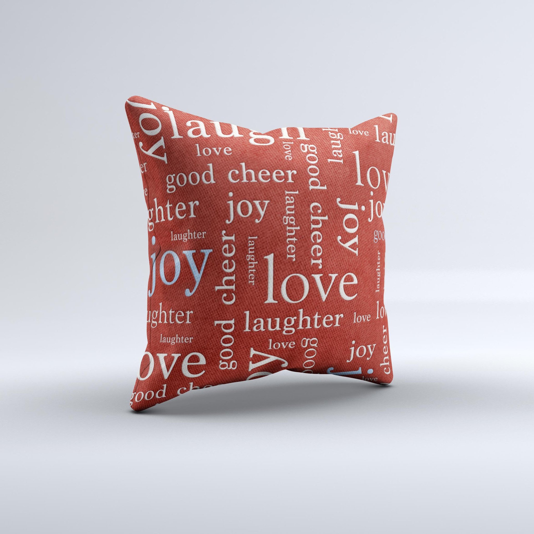 Joy & Love WordCloud decorative throw pillow with vibrant colors and unique design, handmade in Virginia.