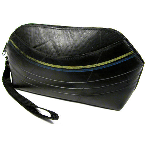 Juanita Recycled Tire Clutch, handmade from upcycled tire tubes, featuring a compact design with a wrist strap and pinstriped cotton lining.