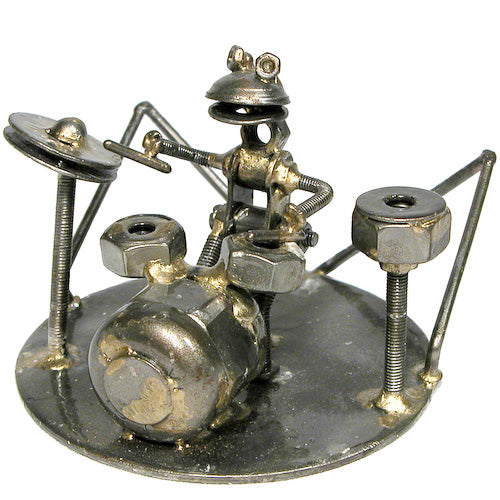 A whimsical Junkyard Frog Drummer Sculpture made from recycled metal scraps, showcasing a playful frog playing drums, perfect for home decor.