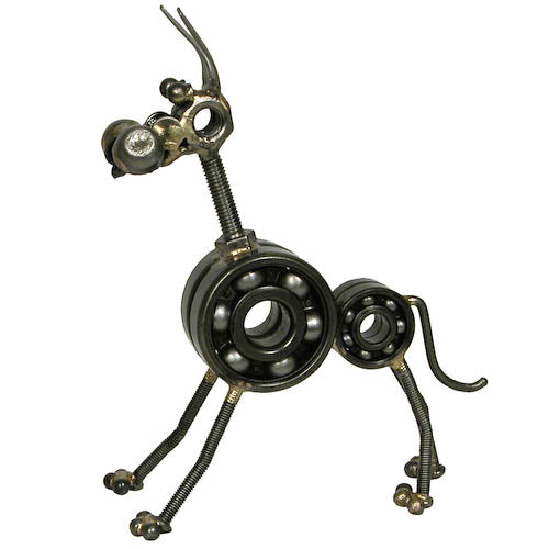 A handcrafted Junkyard Great Dane sculpture made from recycled metal, showcasing intricate details and a unique design.