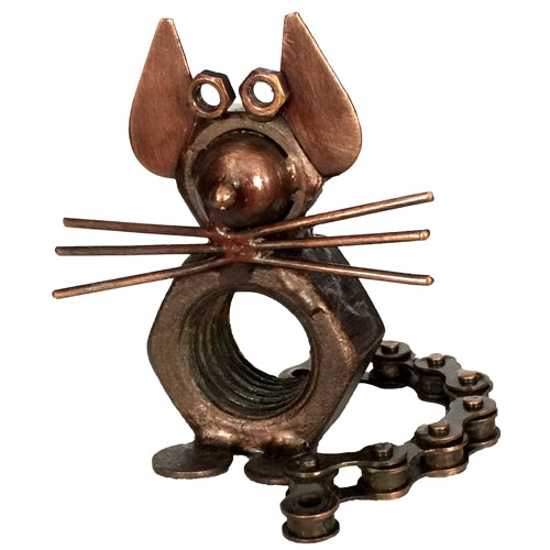 A whimsical Junkyard Mouse Sculpture made from recycled bicycle chains, showcasing intricate metalwork and a charming design.