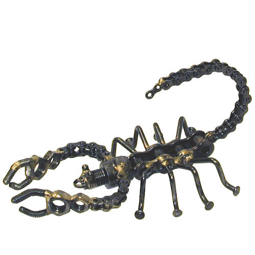 A handcrafted Junkyard Scorpion Sculpture made from recycled metal scraps, showcasing intricate details and a whimsical design.