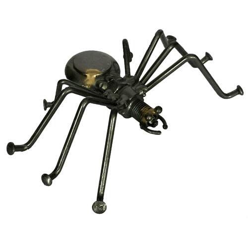 A whimsical Junkyard Spider Sculpture made from scrap metal, showcasing intricate details and a charming design, perfect for home or office decor.