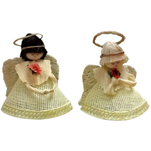 Handcrafted Jute Angel Ornament made from tagua, corn husk, and luffa, featuring delicate facial details and wings.