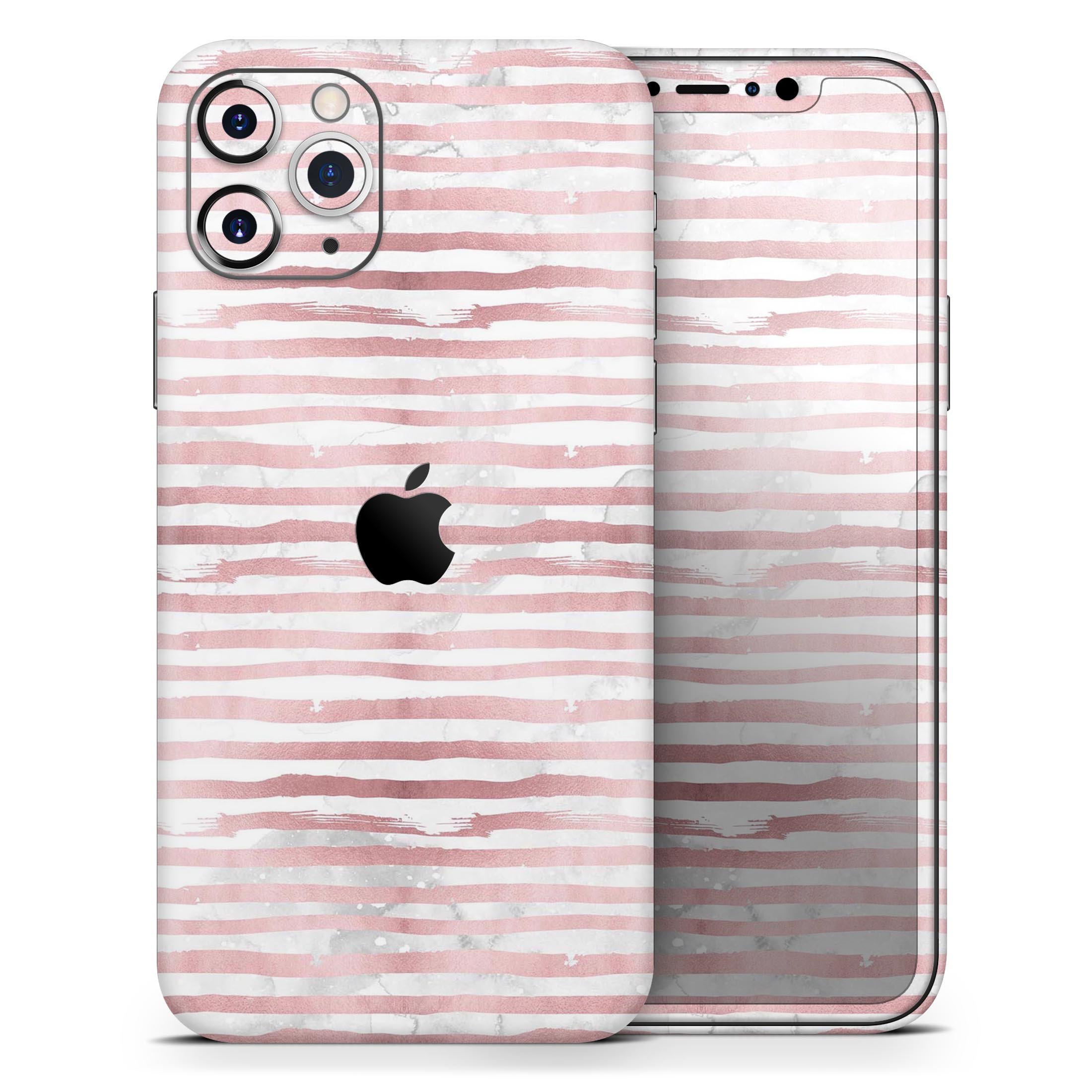 Karamfila Marble & Rose Gold Striped Skin-Kit for iPhone 11, showcasing a stylish marble pattern with rose gold accents.