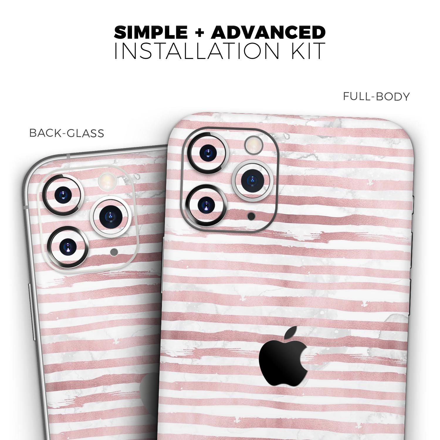 Karamfila Marble & Rose Gold Striped Skin-Kit for iPhone 11, showcasing a stylish marble pattern with rose gold accents.