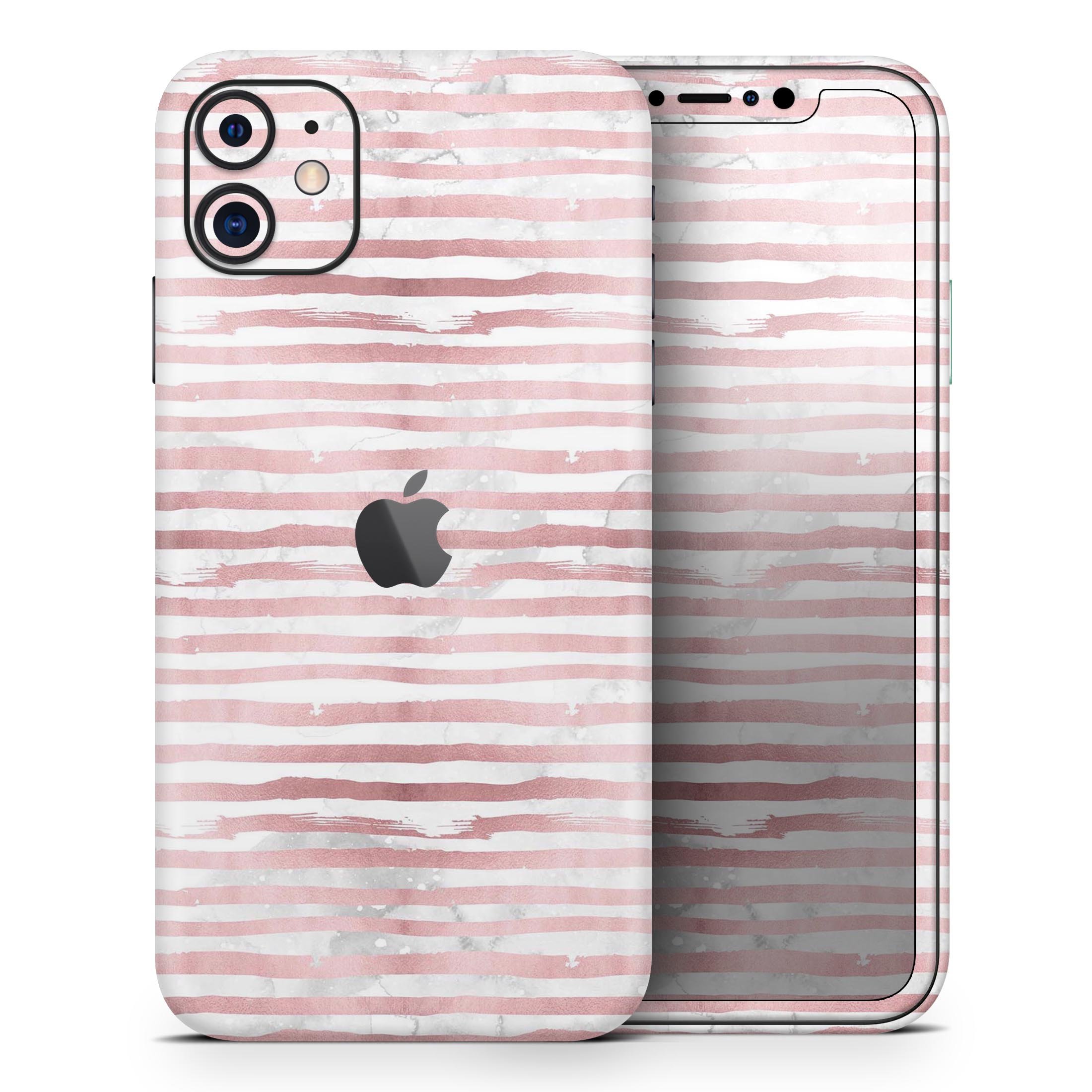 Karamfila Marble & Rose Gold Striped Skin-Kit for iPhone 11, showcasing a stylish marble pattern with rose gold accents.