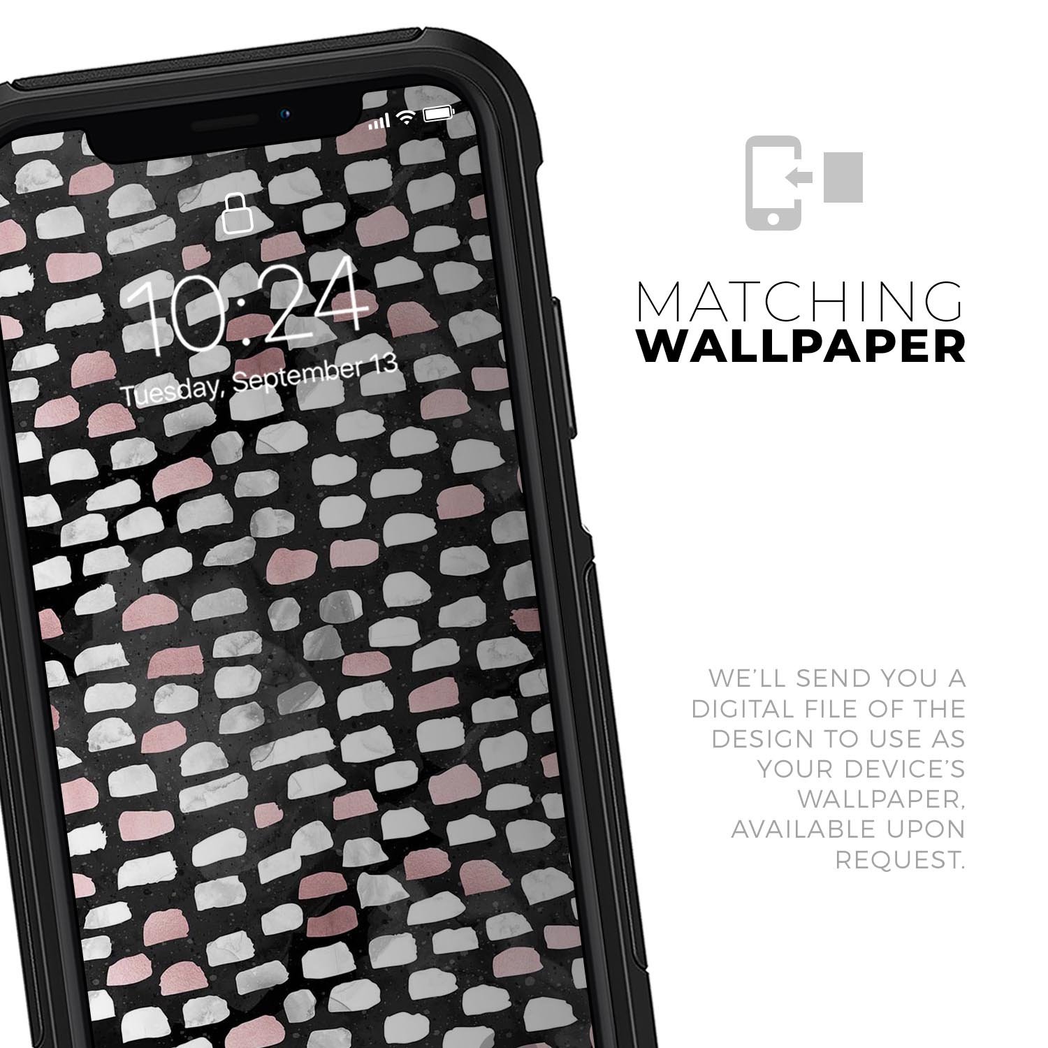 Karamfila Marble & Rose Gold Skin Kit for iPhone OtterBox, showcasing a stylish marble pattern with rose gold accents.