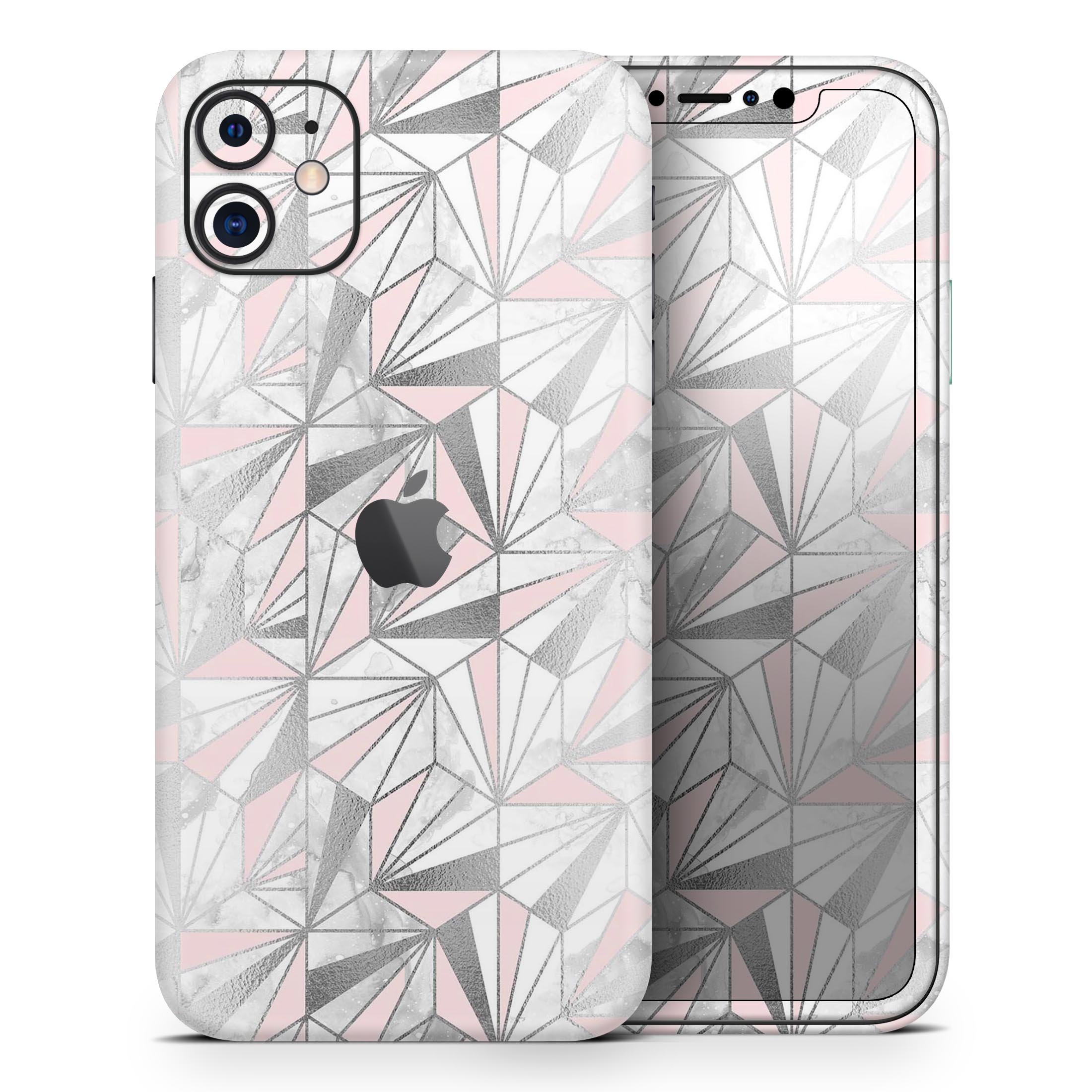 Karamfila Silver & Pink Marble V1 Skin-Kit for Apple iPhone, showcasing stylish design and premium vinyl material.