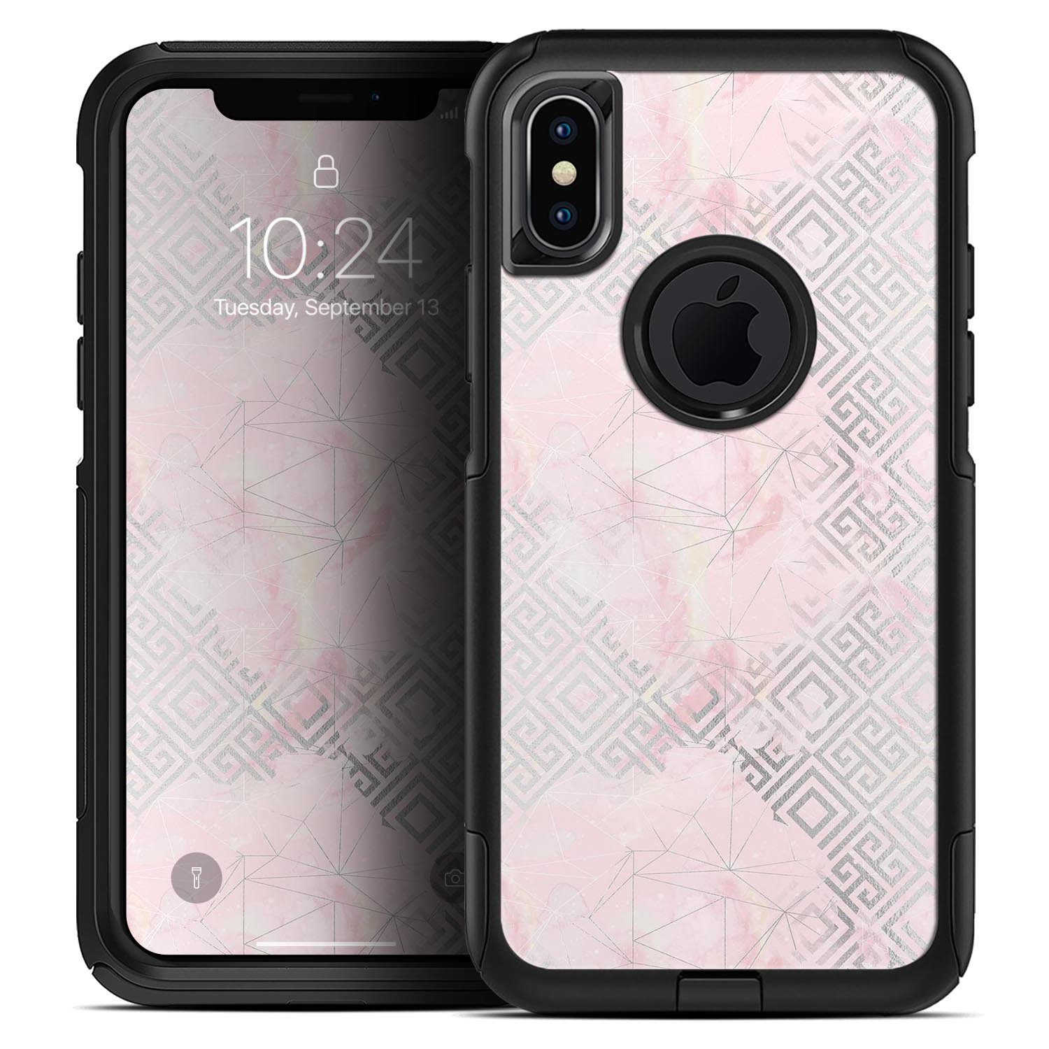 Karamfila Silver & Pink Marble V12 Skin Kit for iPhone OtterBox, showcasing a stylish marble design.