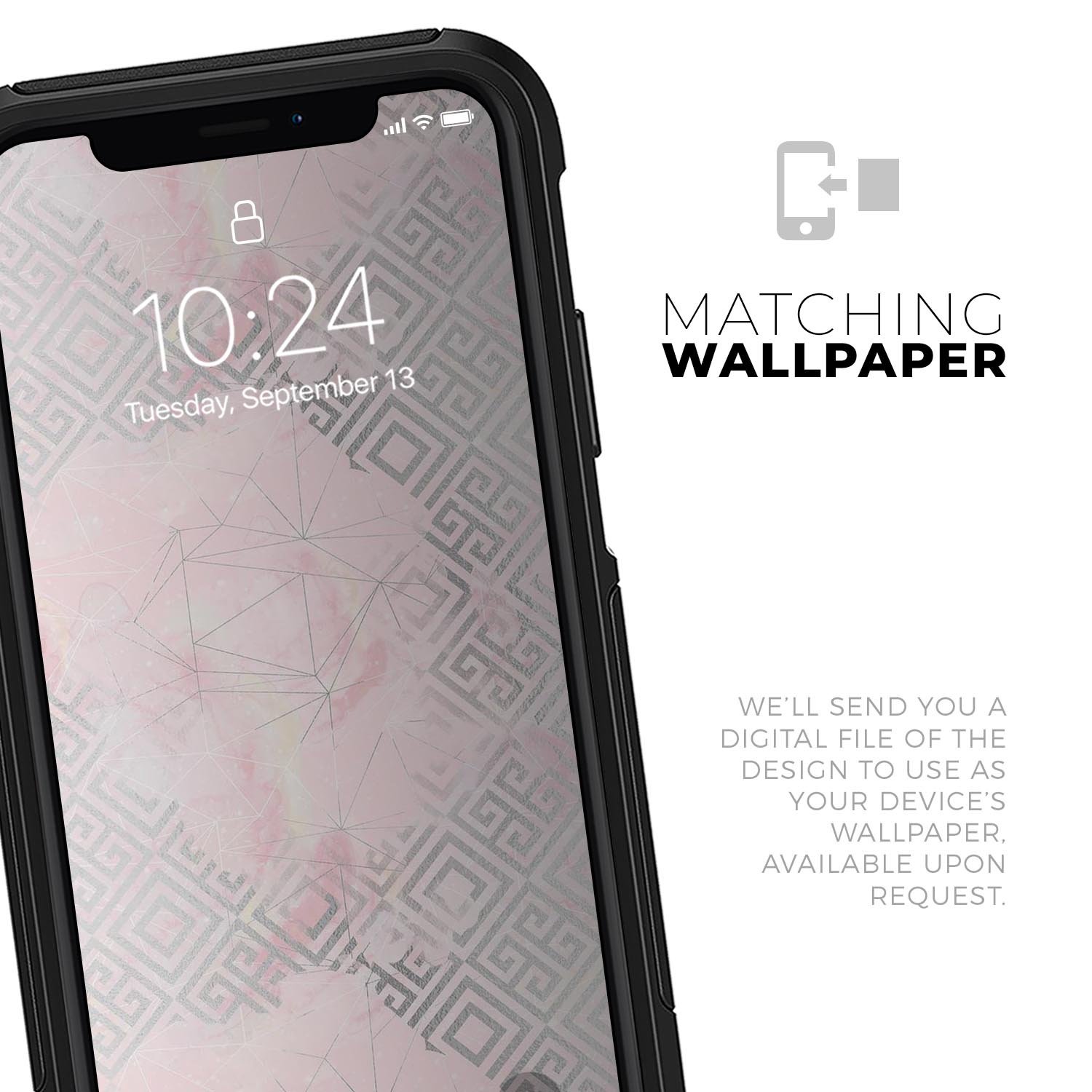 Karamfila Silver & Pink Marble V12 Skin Kit for iPhone OtterBox, showcasing a stylish marble design.