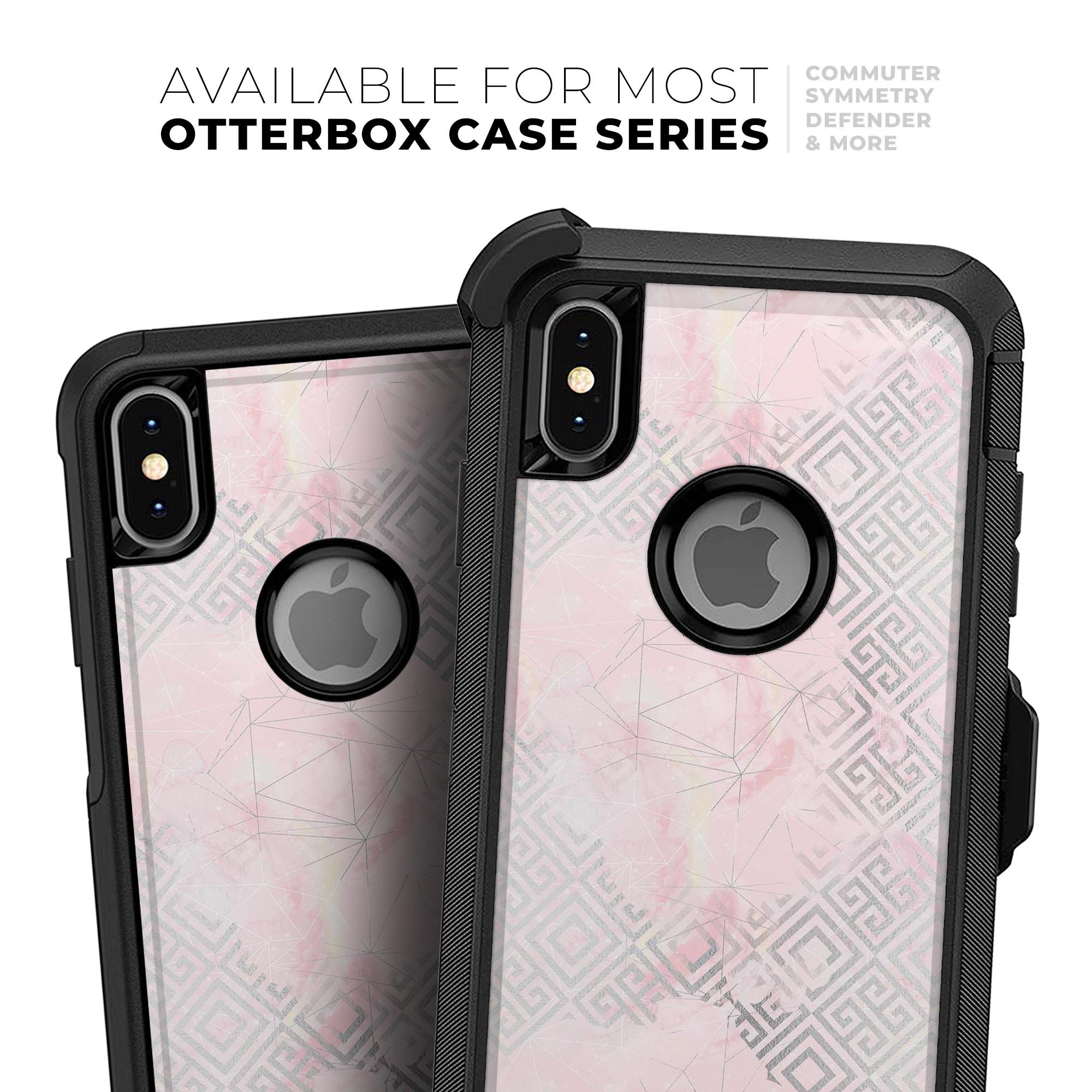 Karamfila Silver & Pink Marble V12 Skin Kit for iPhone OtterBox, showcasing a stylish marble design.