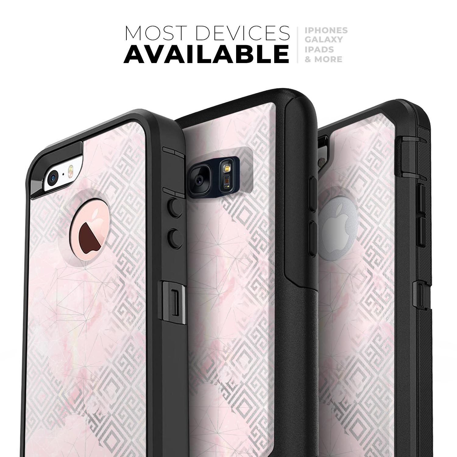 Karamfila Silver & Pink Marble V12 Skin Kit for iPhone OtterBox, showcasing a stylish marble design.