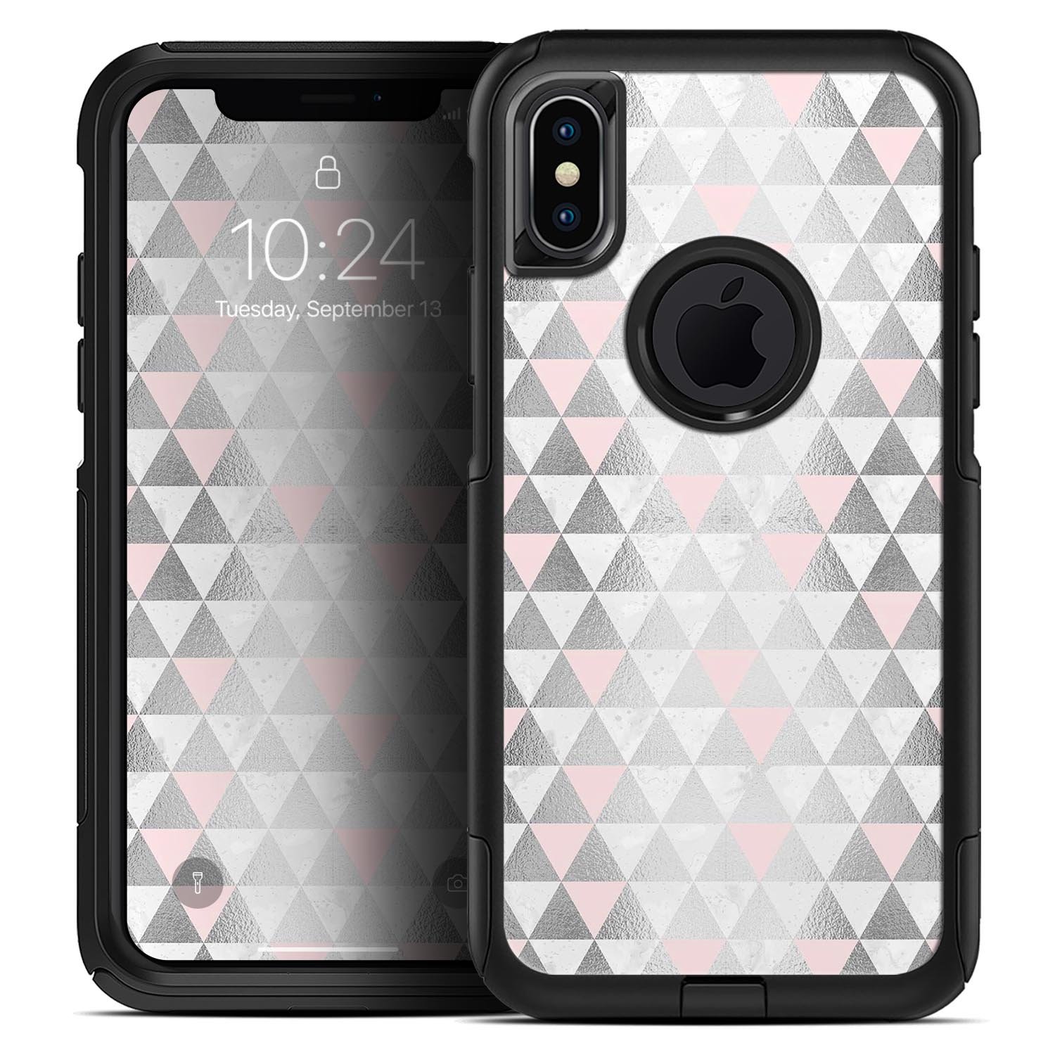 Karamfila Silver & Pink Marble V13 Skin Kit for iPhone OtterBox, showcasing a stylish marble design with dual-layer protection.