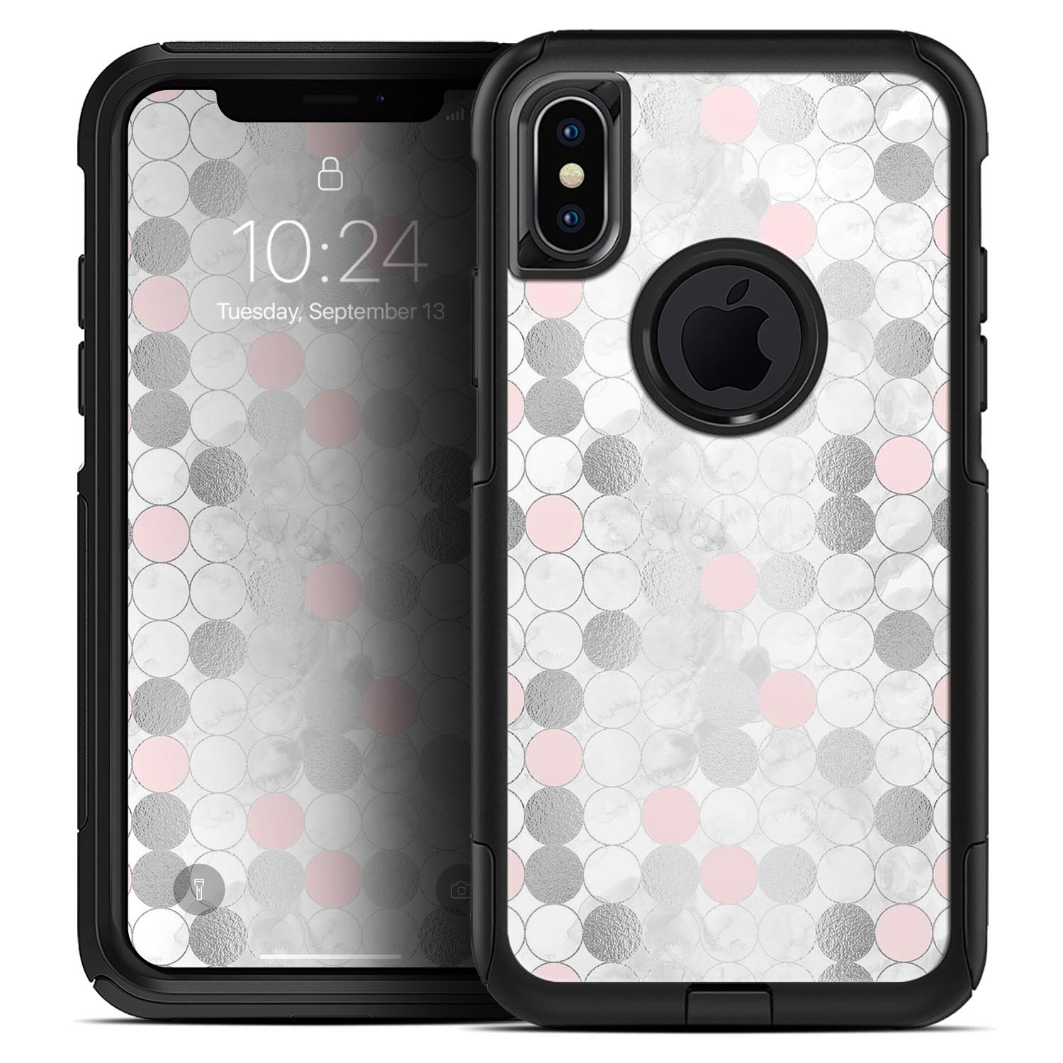 Karamfila Silver & Pink Marble V14 Skin Kit for iPhone OtterBox, showcasing a stylish marble design with dual-layer protection.