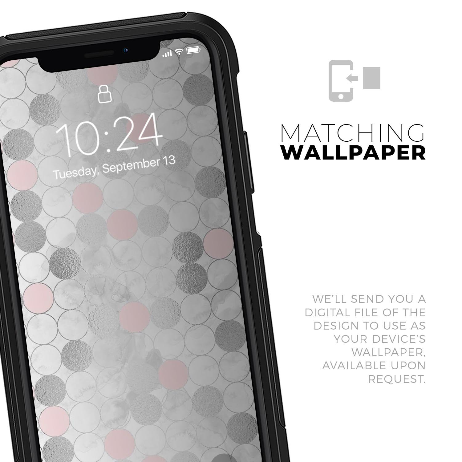 Karamfila Silver & Pink Marble V14 Skin Kit for iPhone OtterBox, showcasing a stylish marble design with dual-layer protection.