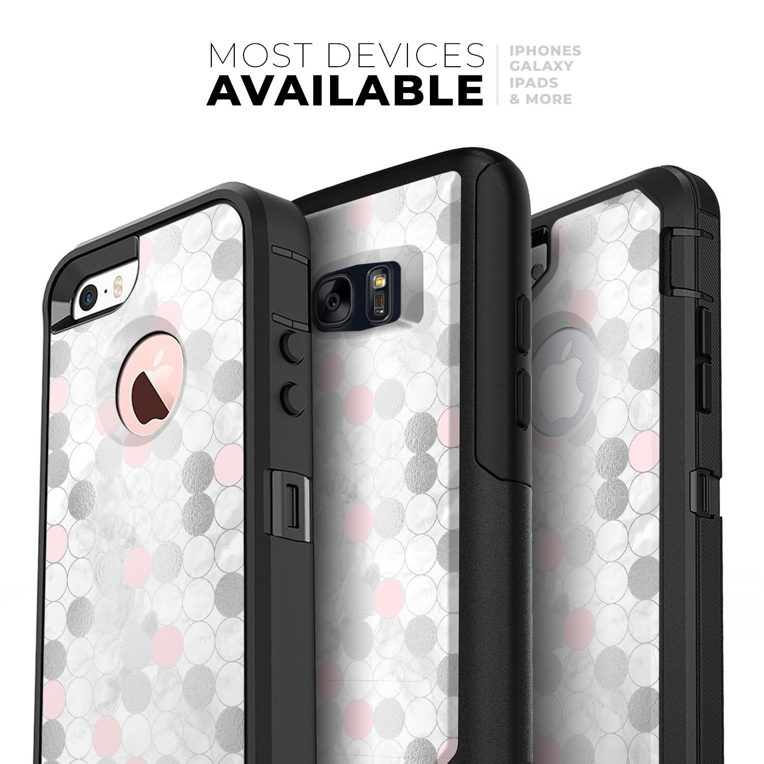 Karamfila Silver & Pink Marble V14 Skin Kit for iPhone OtterBox, showcasing a stylish marble design with dual-layer protection.