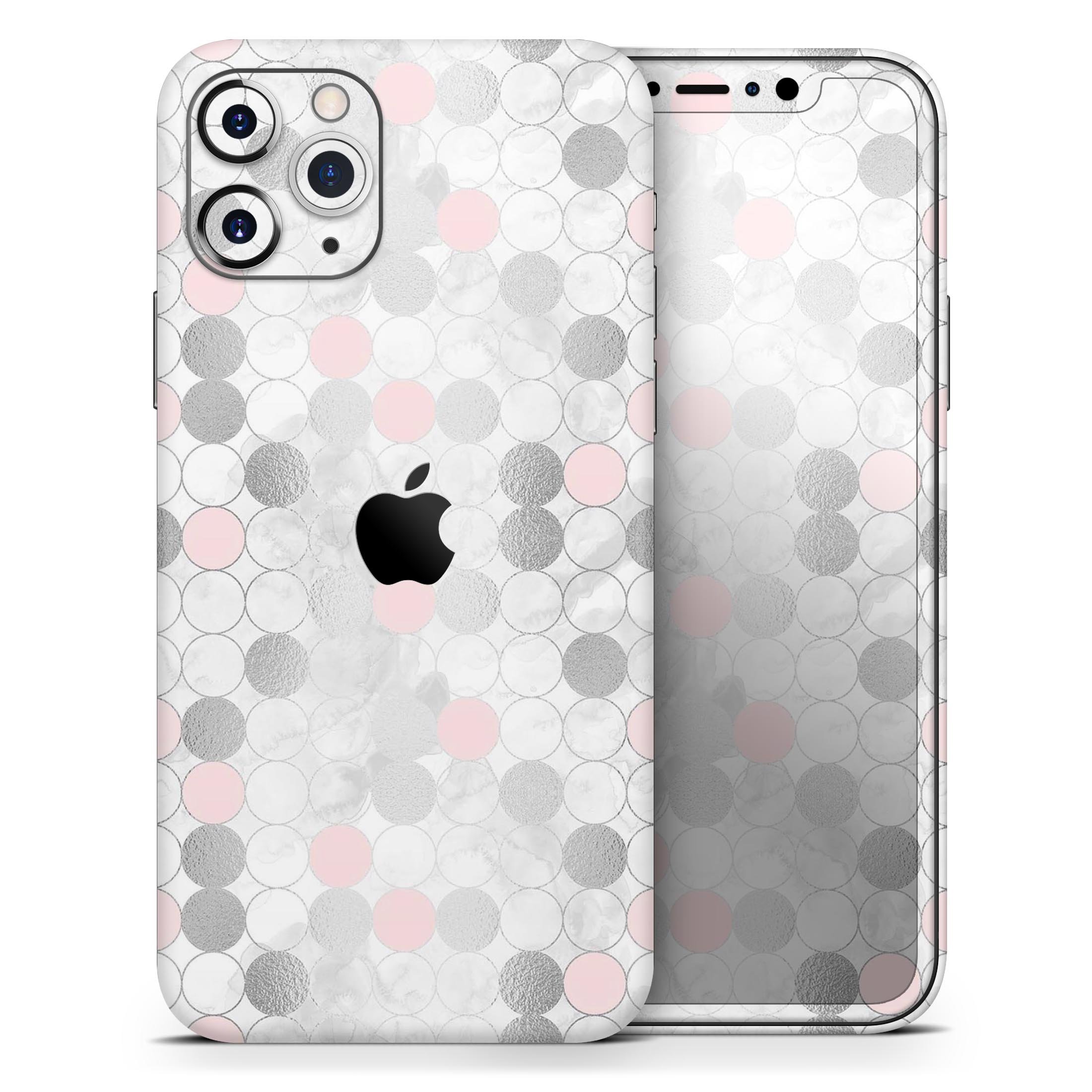 Karamfila Silver & Pink Marble V14 Skin-Kit for iPhone, showcasing a stylish design with a glossy finish.