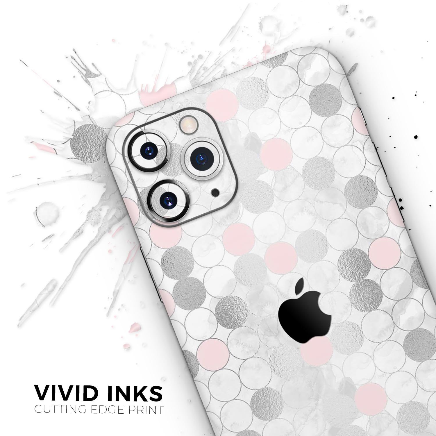 Karamfila Silver & Pink Marble V14 Skin-Kit for iPhone, showcasing a stylish design with a glossy finish.