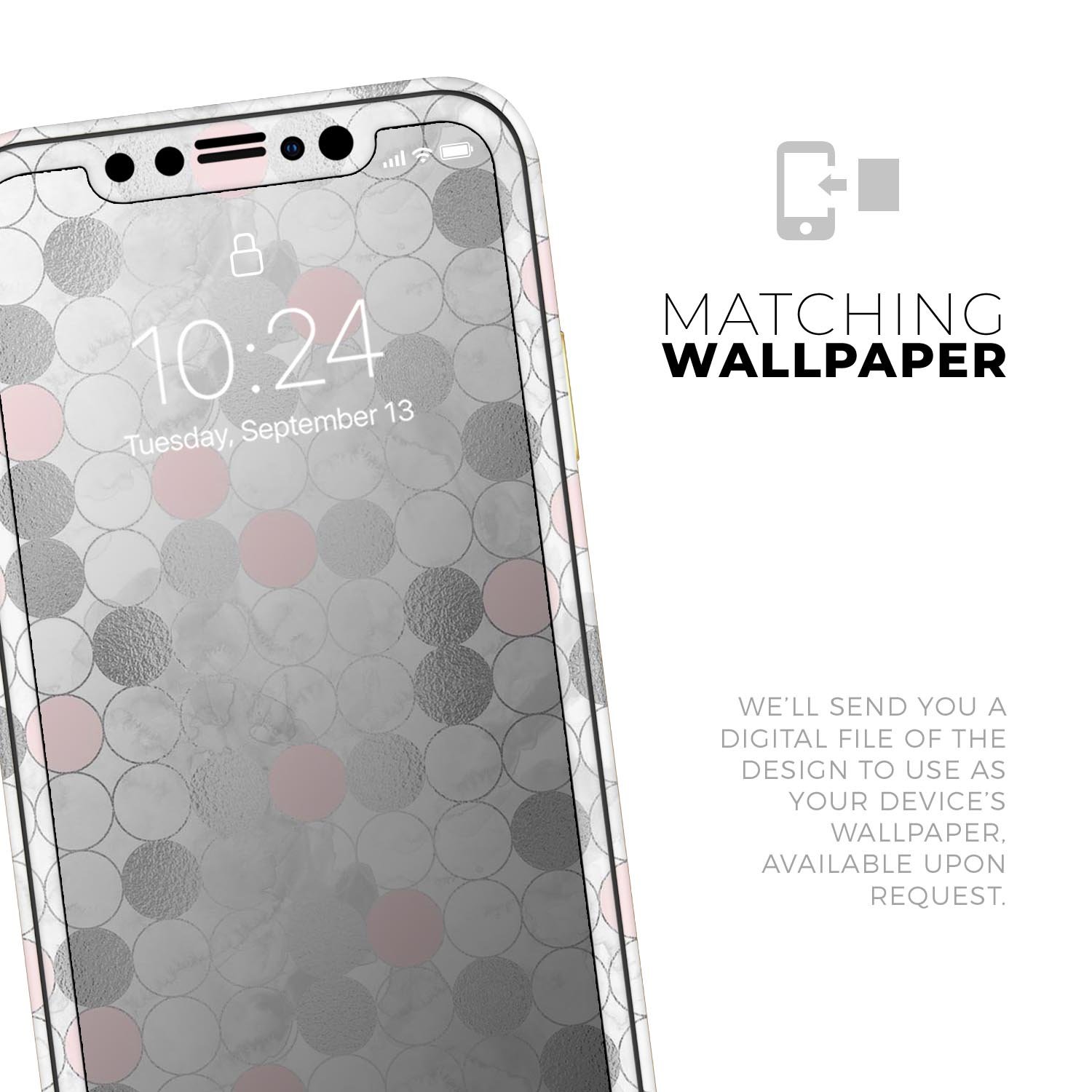 Karamfila Silver & Pink Marble V14 Skin-Kit for iPhone, showcasing a stylish design with a glossy finish.