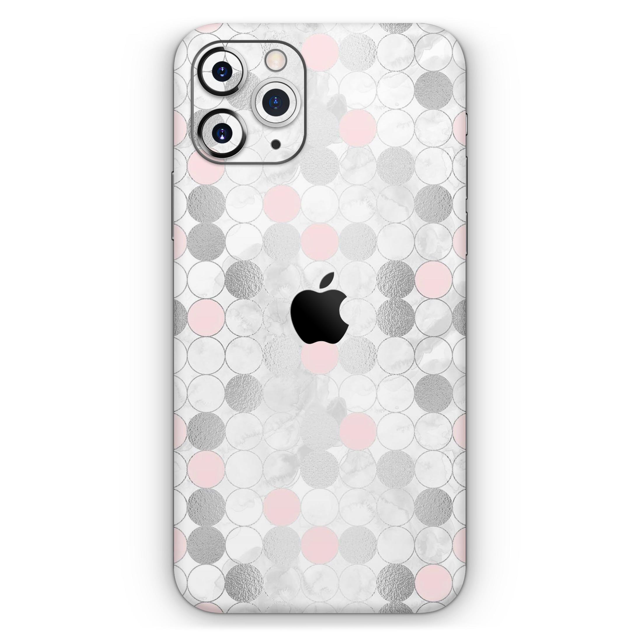 Karamfila Silver & Pink Marble V14 Skin-Kit for iPhone, showcasing a stylish design with a glossy finish.