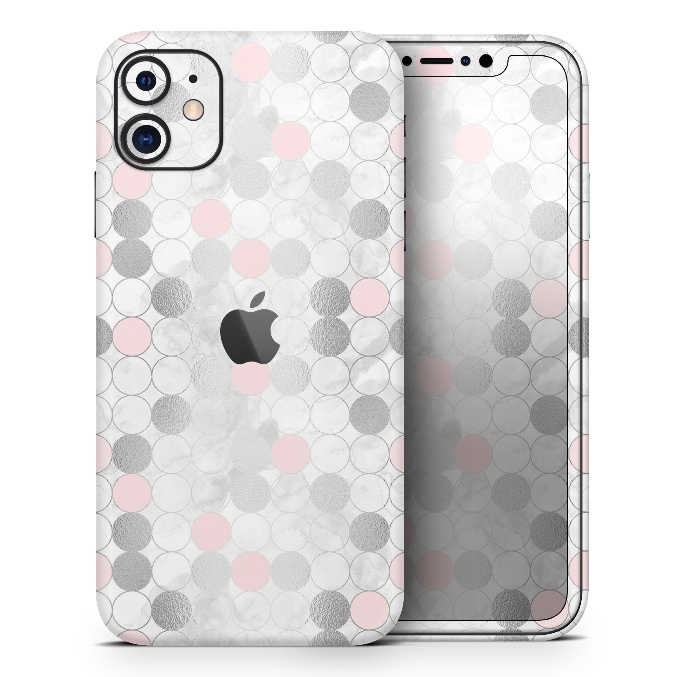 Karamfila Silver & Pink Marble V14 Skin-Kit for iPhone, showcasing a stylish design with a glossy finish.