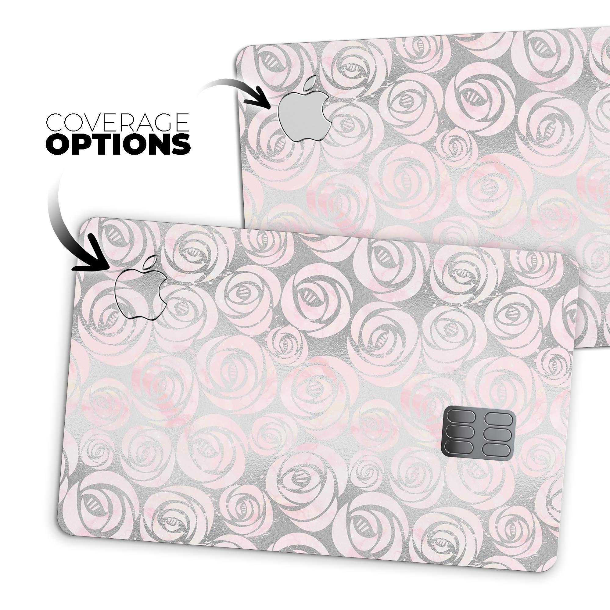 Karamfila Silver & Pink Marble V15 skin kit for Apple Card, showcasing premium vinyl design and protective features.