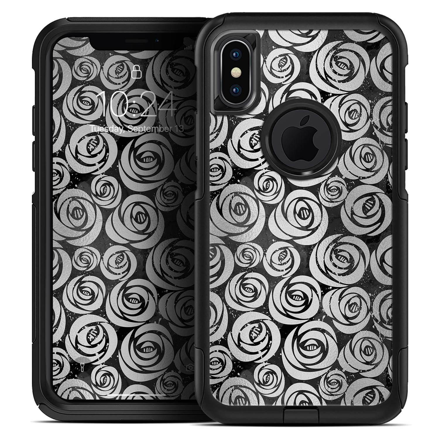 Karamfila Silver & Pink Marble V9 Skin Kit for iPhone OtterBox, showcasing a stylish marble design with dual-layer protection.