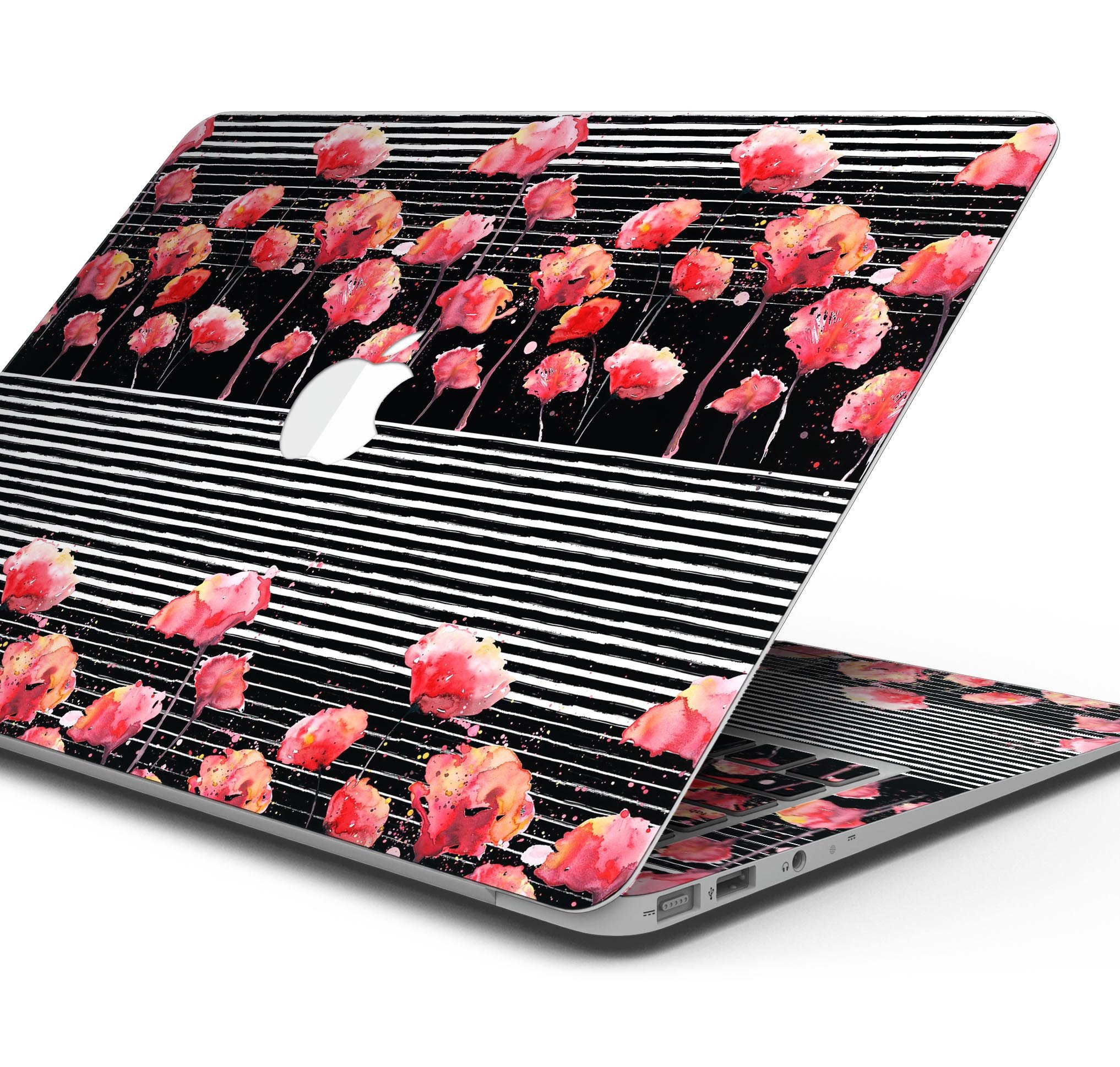 Karamfila Watercolo Poppies V1 skin decal wrap kit for MacBook, showcasing vibrant poppy design on premium vinyl material.