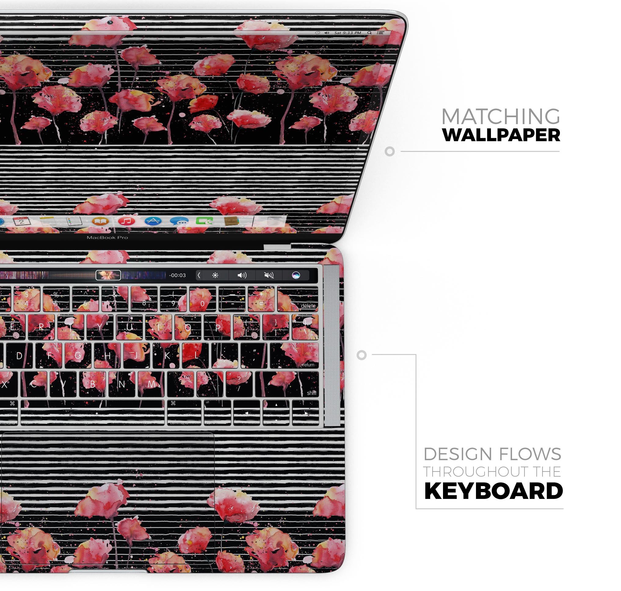 Karamfila Watercolo Poppies V1 skin decal wrap kit for MacBook, showcasing vibrant poppy design on premium vinyl material.