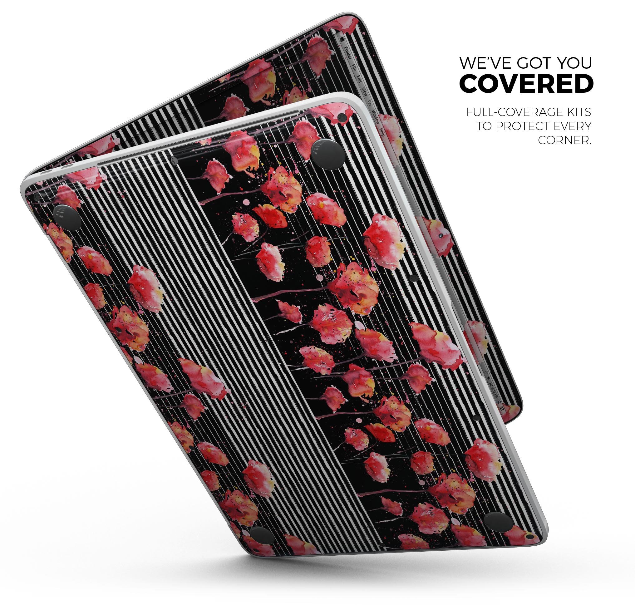 Karamfila Watercolo Poppies V1 skin decal wrap kit for MacBook, showcasing vibrant poppy design on premium vinyl material.