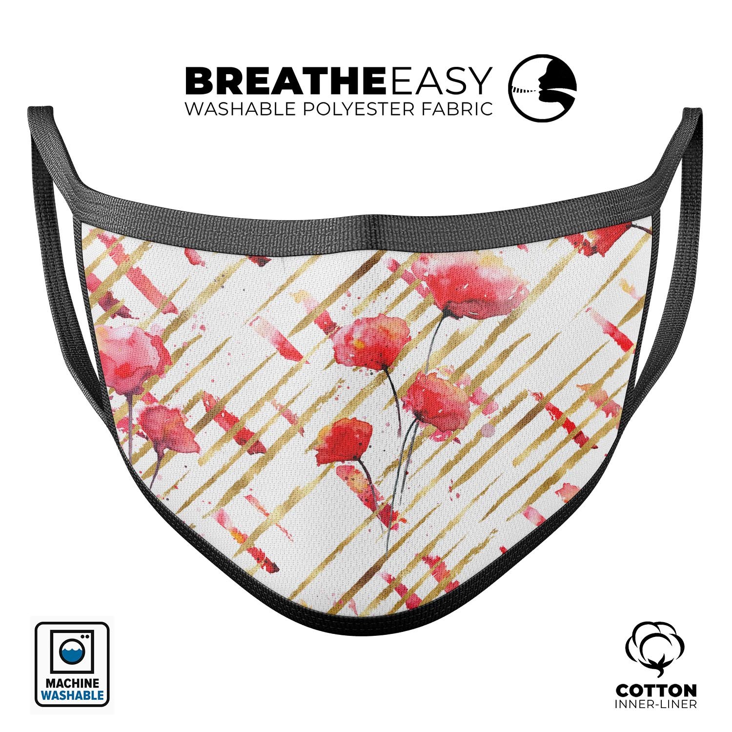 Karamfila Watercolo Poppies V10 mouth cover featuring vibrant poppy design, adjustable ear loops, and soft cotton interior.