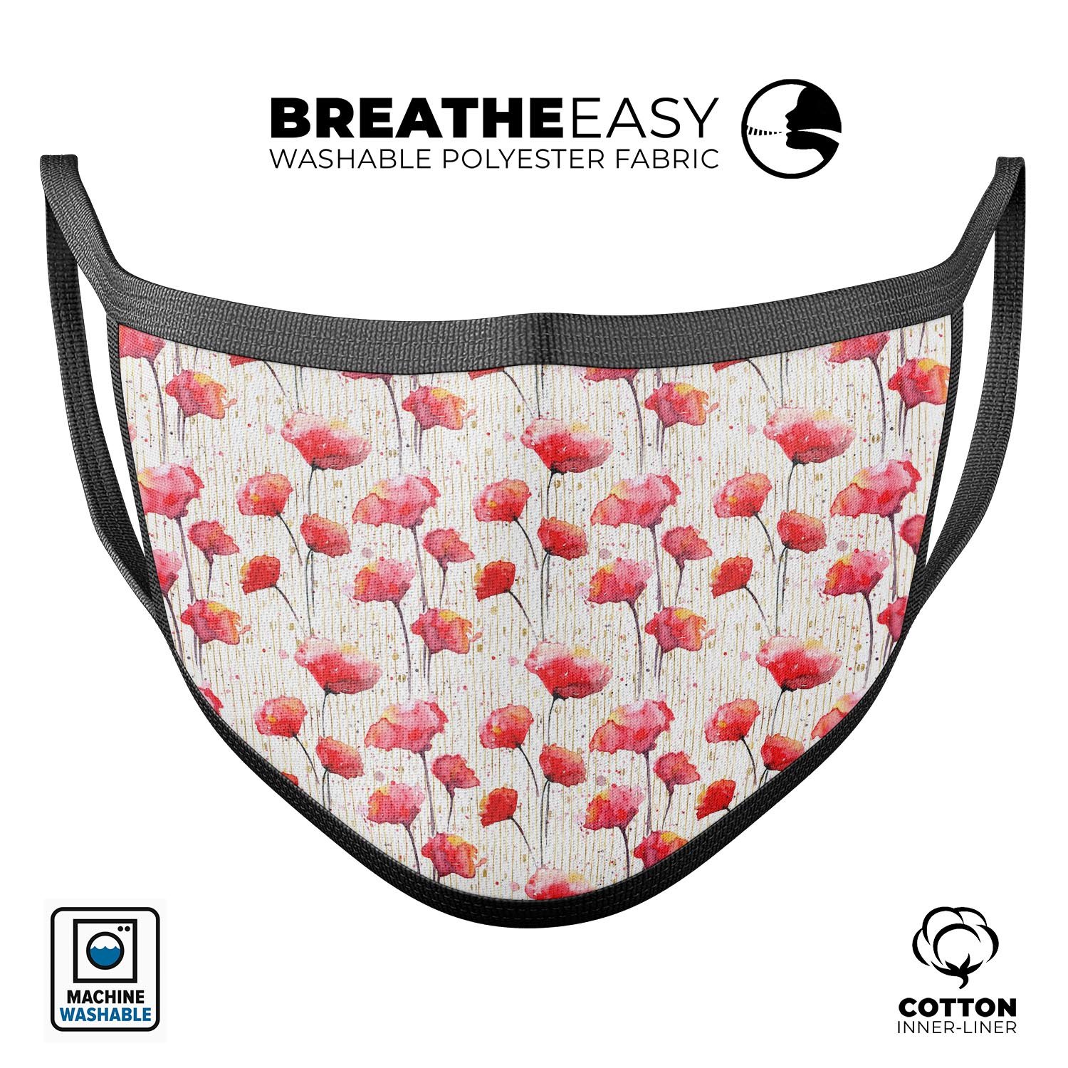 Karamfila Watercolo Poppies V14 mouth cover featuring vibrant poppy design, adjustable ear loops, and soft cotton material.