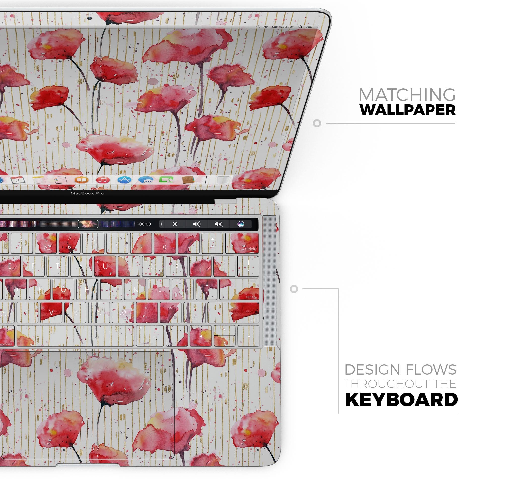 Karamfila Watercolo Poppies V15 skin decal wrap kit for MacBook, featuring vibrant poppy design and premium vinyl material.