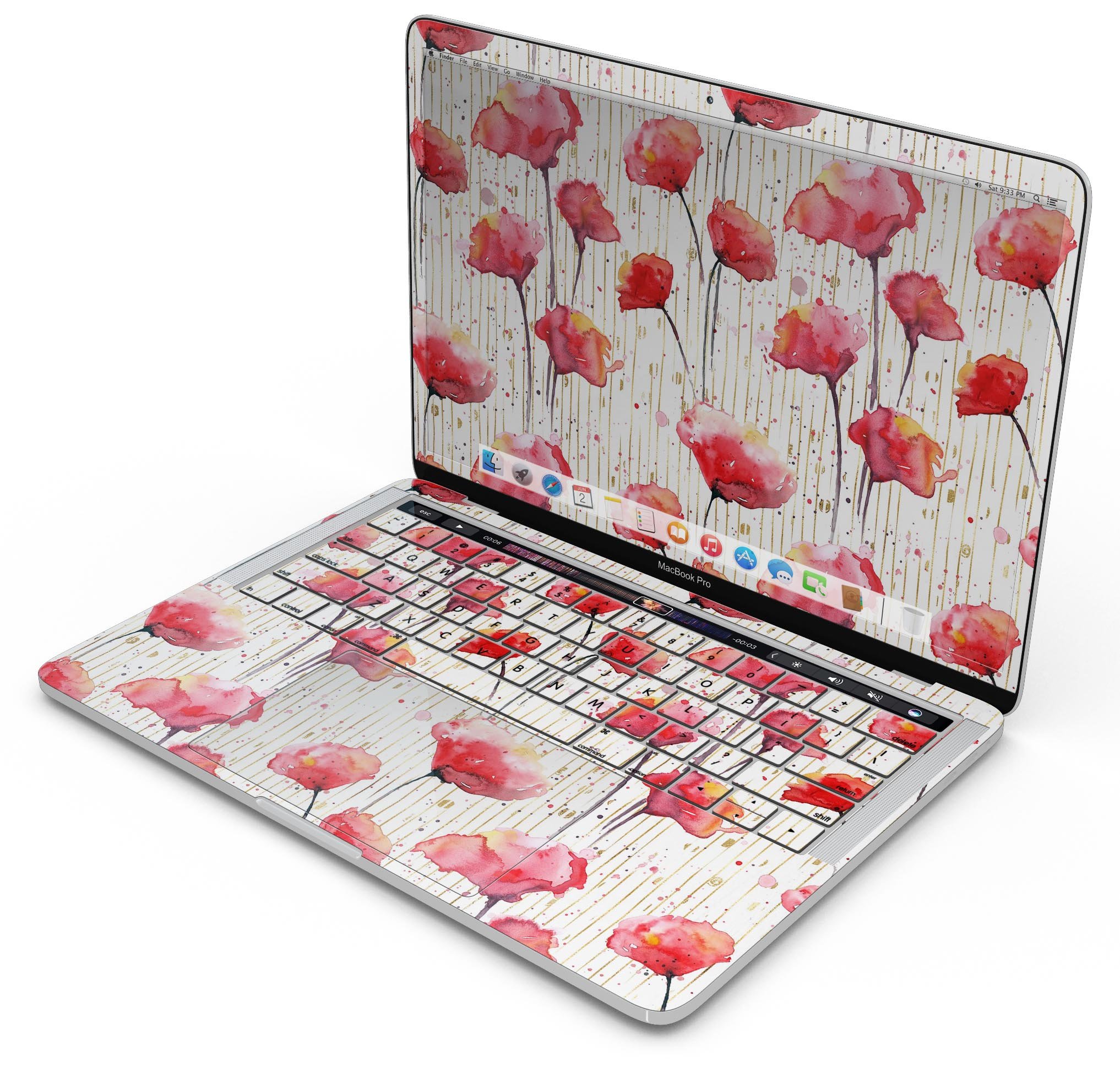 Karamfila Watercolo Poppies V15 skin decal wrap kit for MacBook, featuring vibrant poppy design and premium vinyl material.